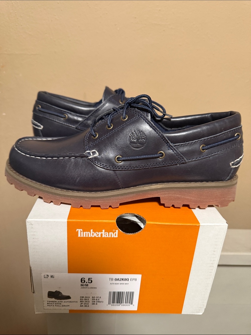 Timberland Navy Leather Lug-Soled Boat Shoes with Brown Outsole